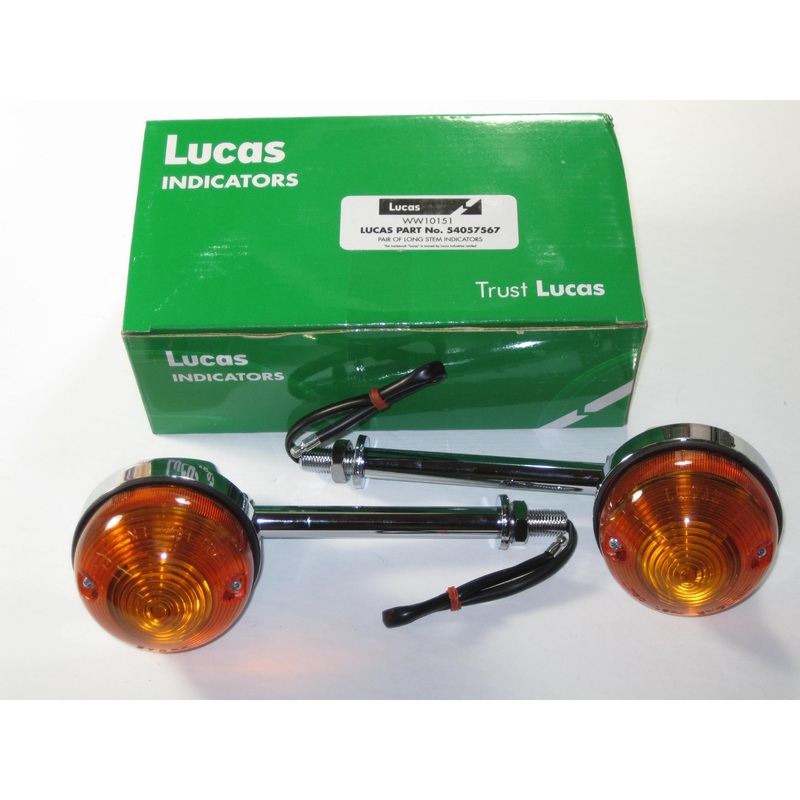 54057567 Lucas replica pair of turn signals long 6 stems Triumph Norton BSA flasher blinkers