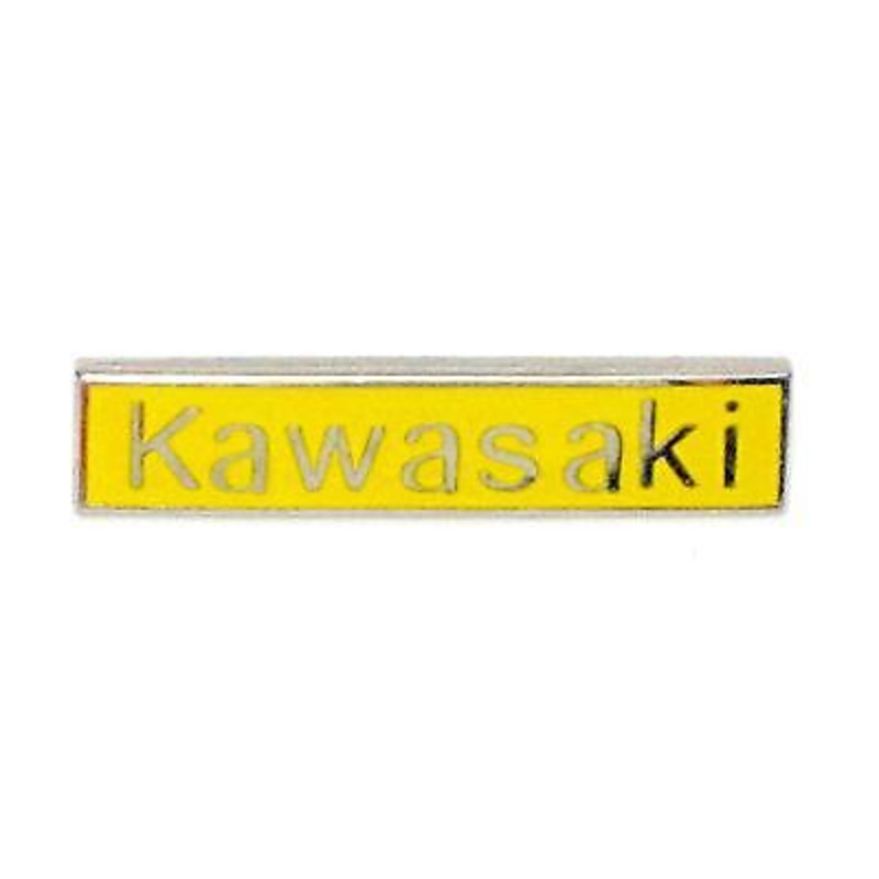 Kawasaki lapel pin Made in England classic vintage motorcycle yellow & chrome