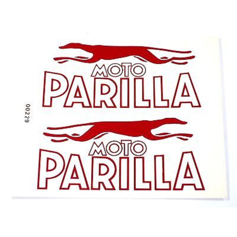 Moto Parilla classic motorcycle decals red and white on a clear peel and stick