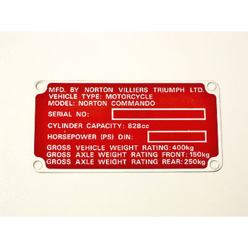 06-6580 Norton commando red registration plate Certification Label 850 Mk3