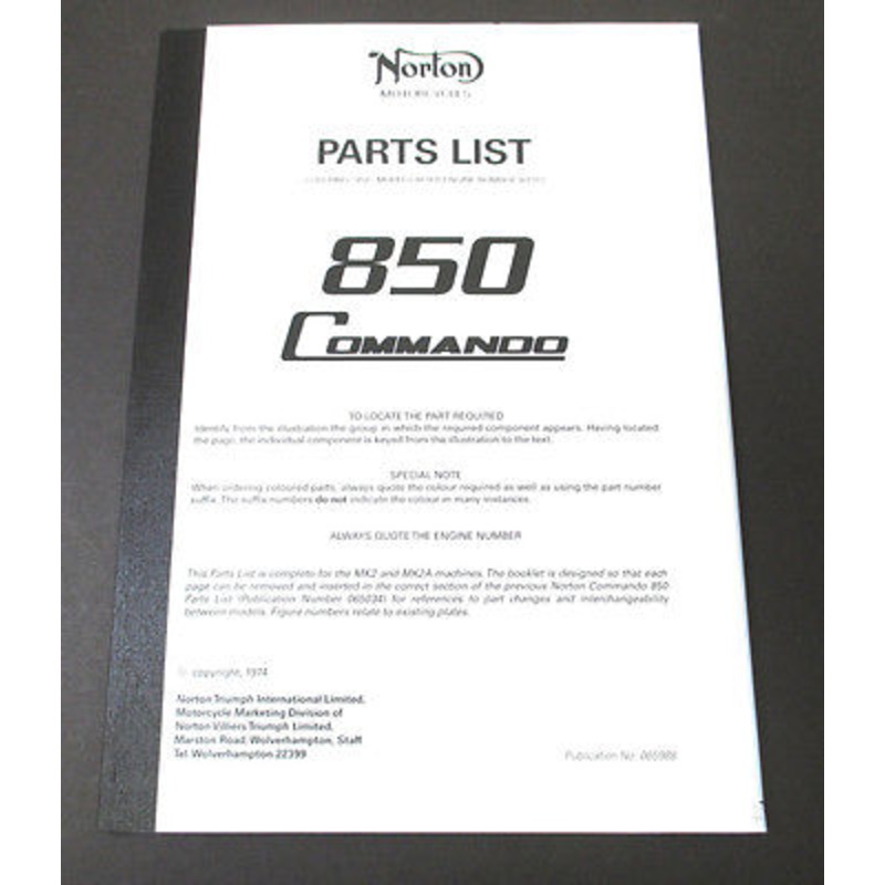 Parts List Norton Commando 850 MK2 MK2A 06-5988 up to 1974 UK MADE