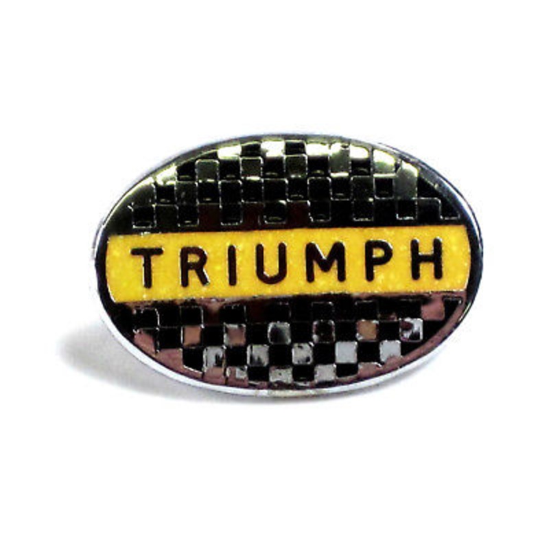 Triumph checkered flag oval yellow black lapel pin badge Made in England
