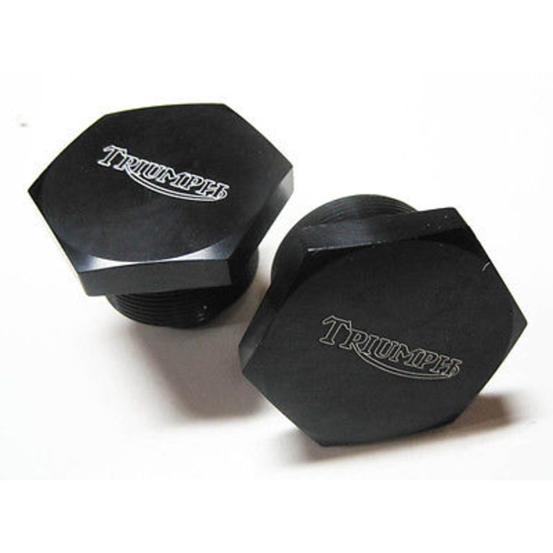 Triumph Fork tube top bolt nut nuts cap black w logo aluminum T140 OIF disc 1973