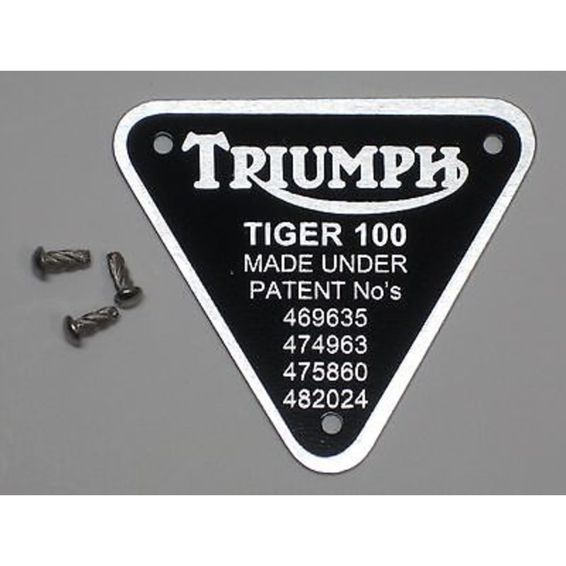 Triumph patent plate Tiger 100 Twin UK Made with rivets timing cover badge alloy