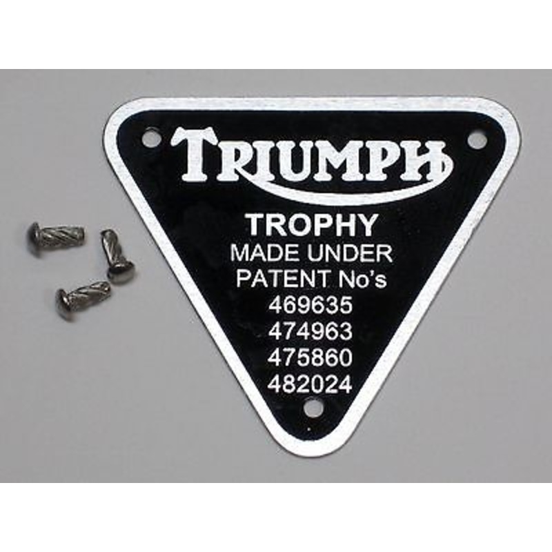 Triumph patent plate Trophy UK Made with rivets timing cover badge alloy