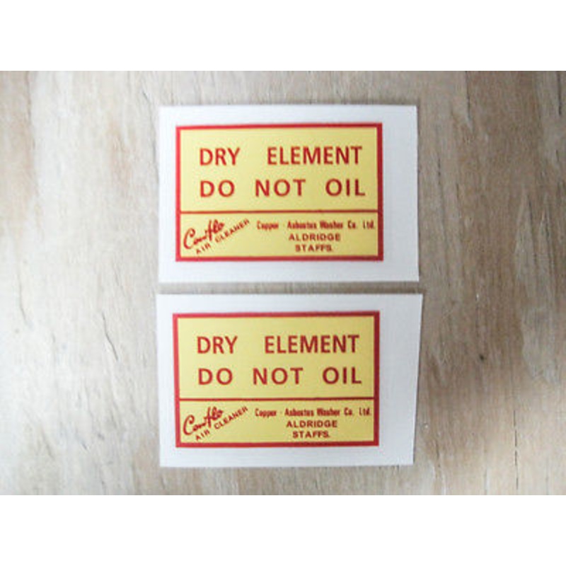 Yellow and Red Dry Element DO NOT OIL Sticker Decal Decals British Motorcyle