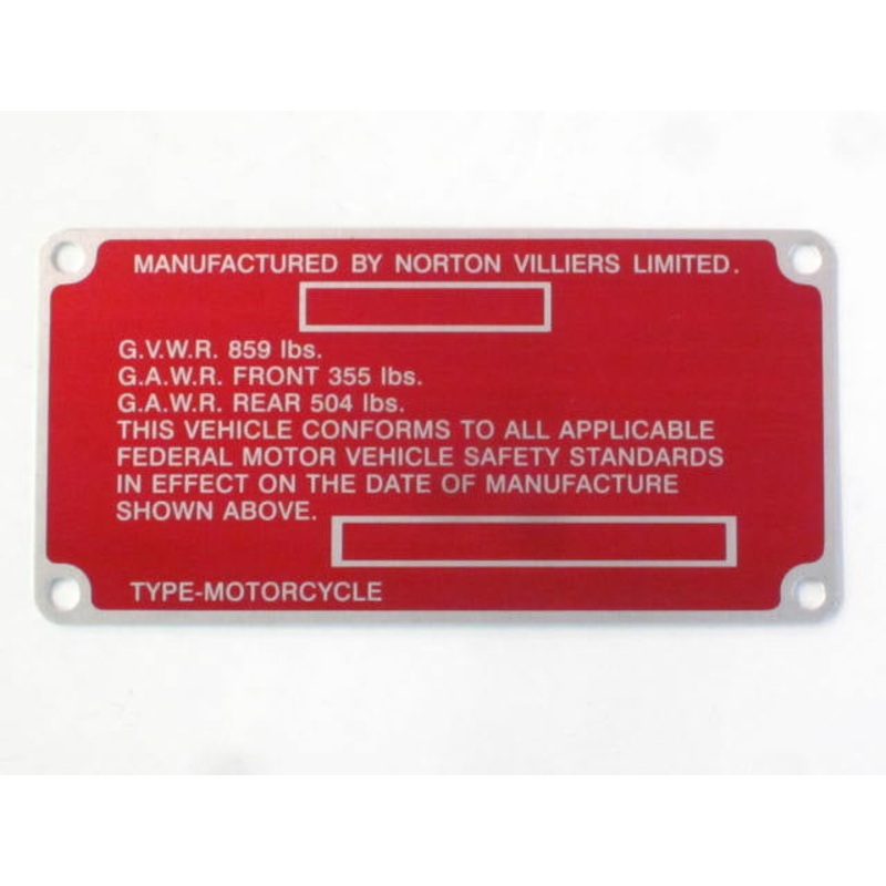06-3247 Norton Commando red registration plate Certification Label