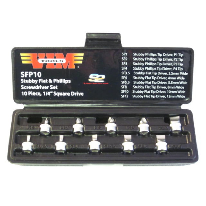 Stubby screwdriver set flat phillips 10 piece 1/4 square drive