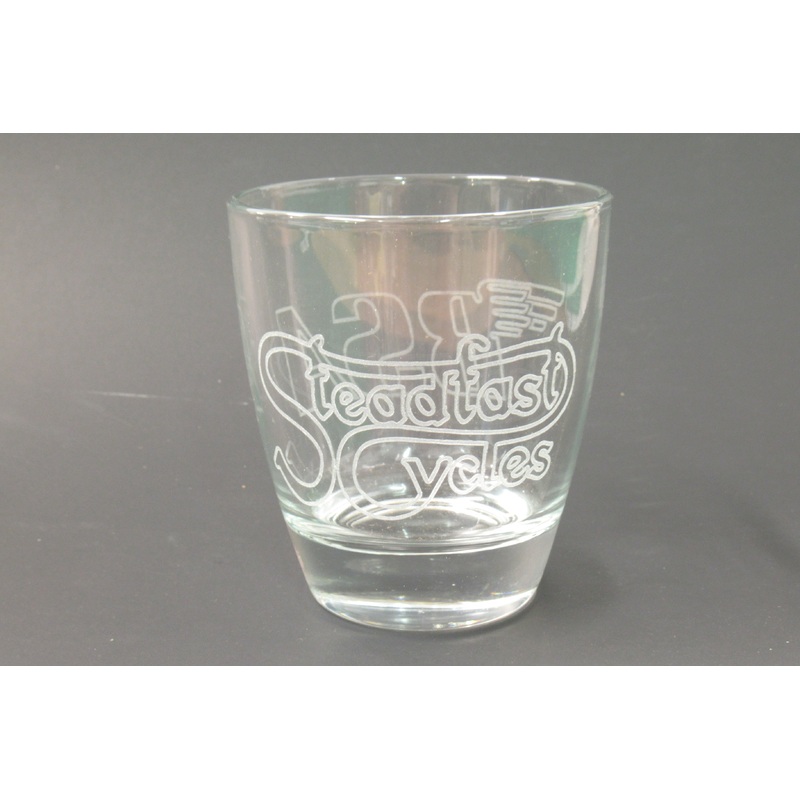 Steadfast Cycles logo 6 oz drinking glass old fanshioned small BSA logo laser etched