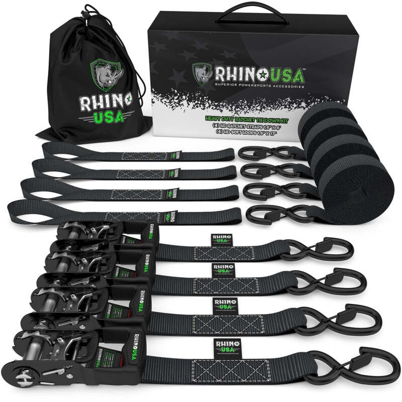 Rhino USA Heavy Duty Ratchet Tie-Down 4-Pack (Black) 1.6In X 8Ft