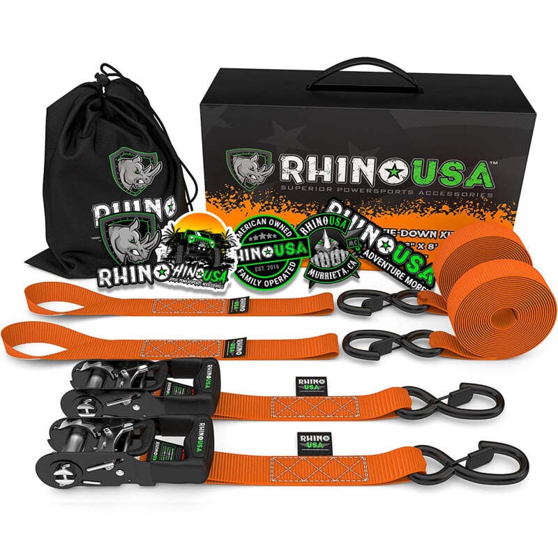 Rhino USA Heavy Duty Ratchet Tie-Downs 2-Pack (Orange) 1.6In X 8Ft