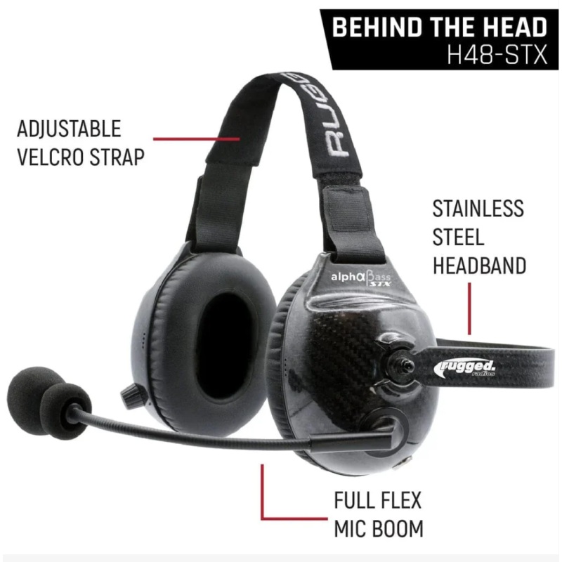 Rugged Radios AlphaBass Carbon Fiber Headset for STEREO and OFFROAD Intercoms Behind The Head