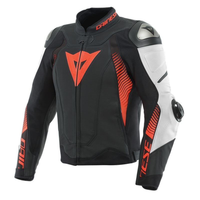 Dainese Super Speed 4 Perforated Leather Jacket Matte Black/White/Fluorescent Red Size – 56