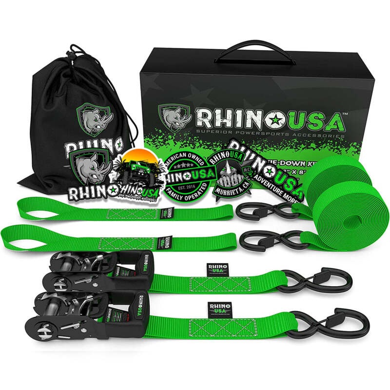 Rhino USA Heavy Duty Ratchet Tie-Downs 2-Pack (Green) 1.6In X 8Ft